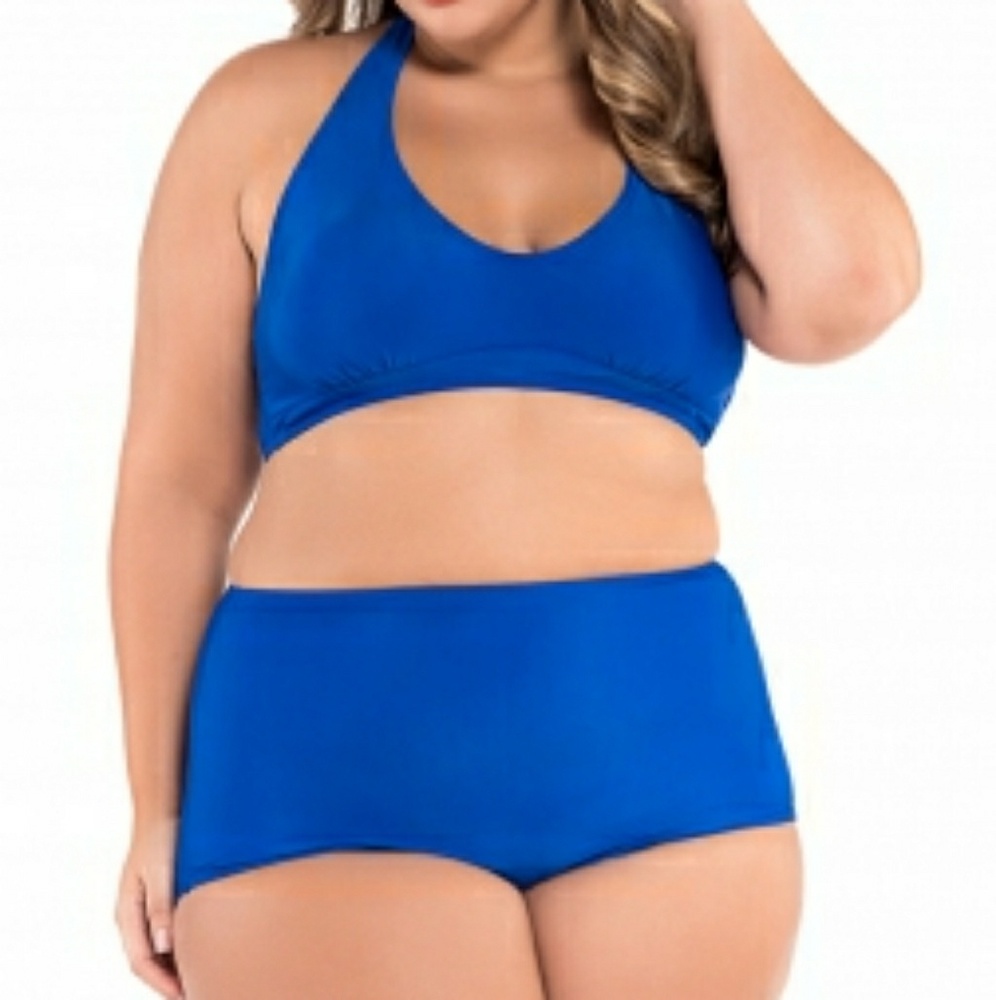 Solid Blue Plus Size Halter Bikini Swimsuit
